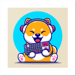 Cute Shiba Inu Gaming Dog With Headphone And Holding  Keyboard Cartoon Posters and Art